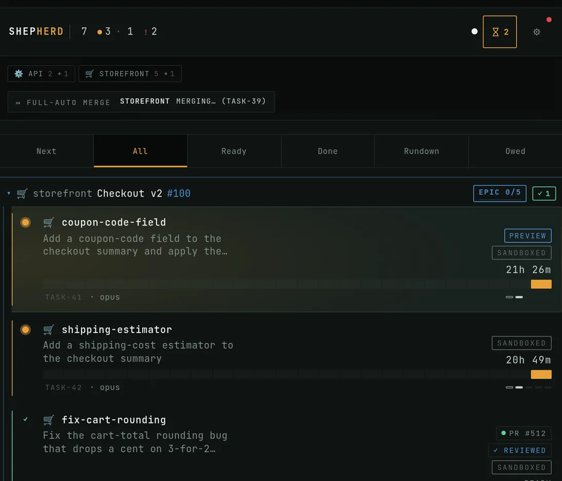 Shepherd's mission-control overview: a herd of coding-agent sessions grouped under an epic, each with a status (in preview, sandboxed, in review, ready) and elapsed time.